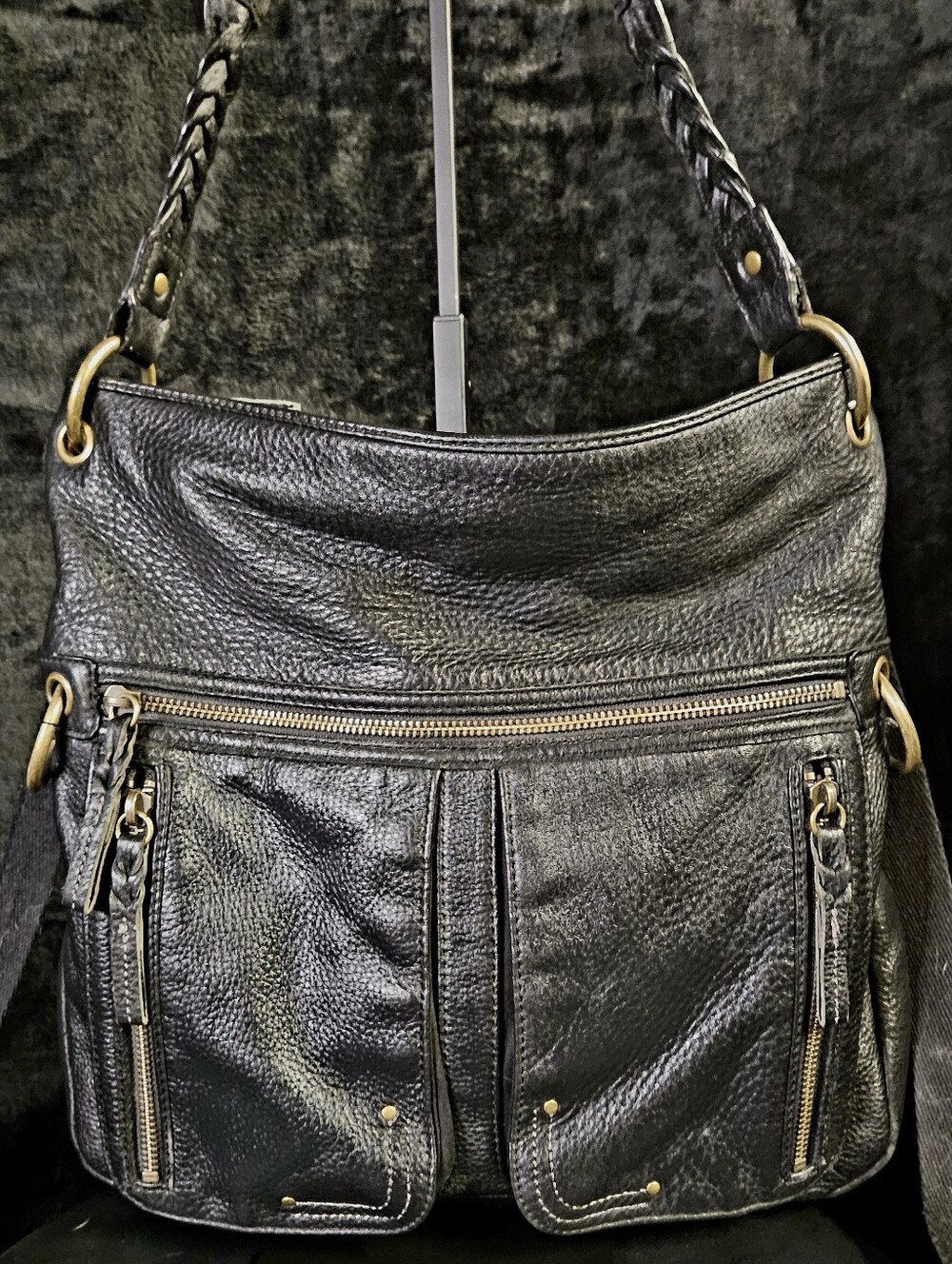 The Sak Pax Large Black Leather Braided-Handle Hobo Bag